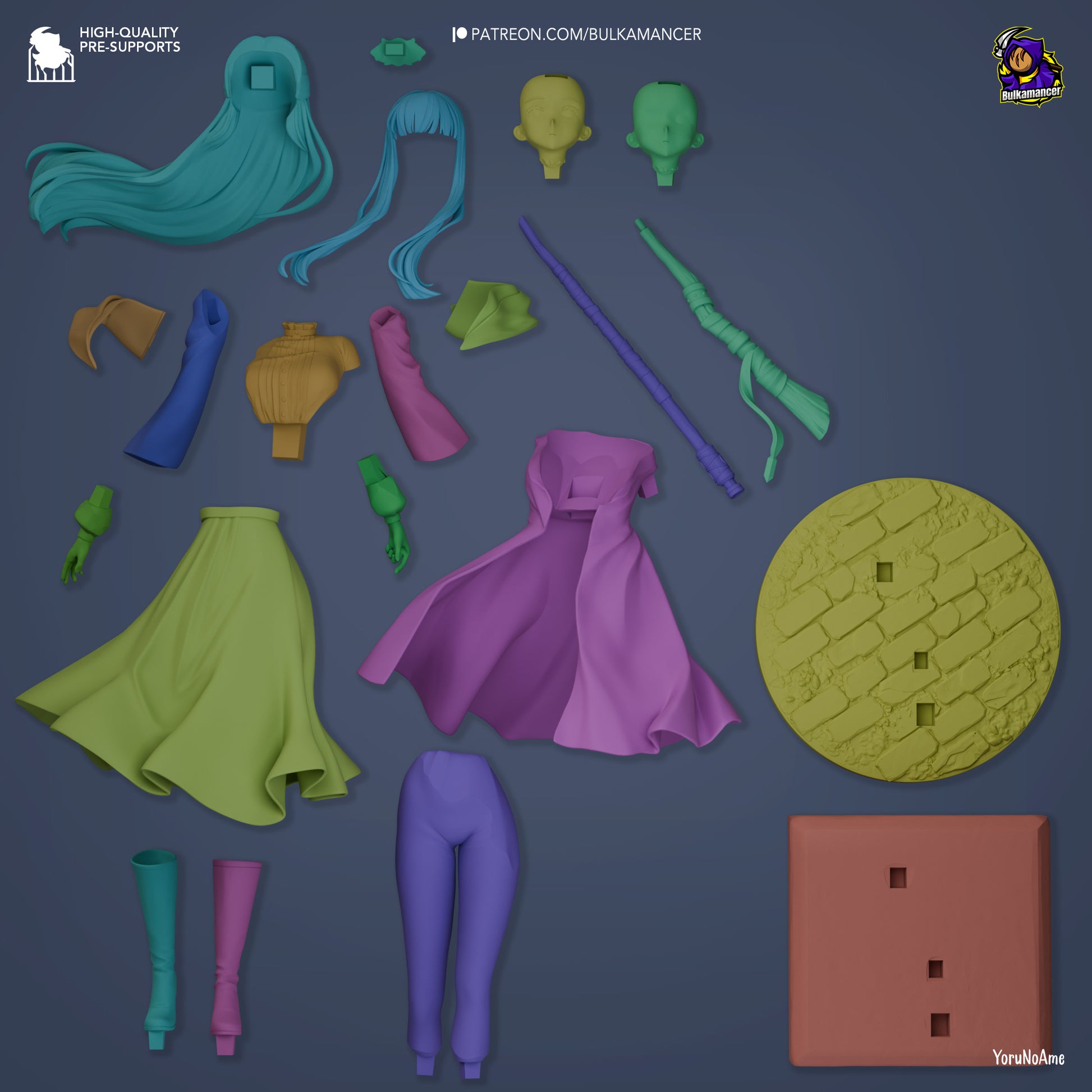 Exploded view of Fern statue showing modular parts including hair, heads, clothing, staff, and base.