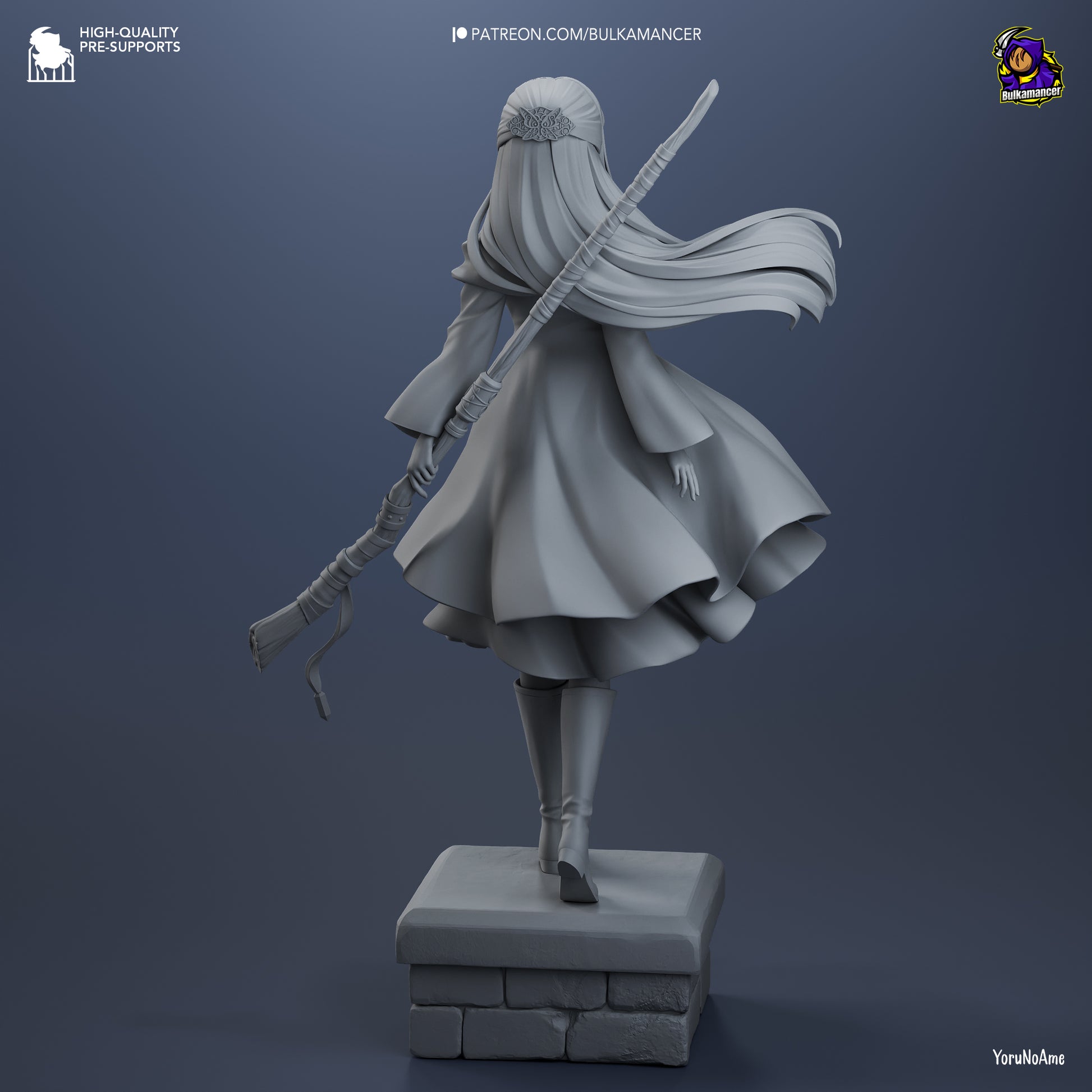 Rear grayscale view of Fern statue showing wind-swept cloak and detailed staff carried behind her.