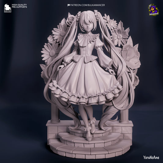 Unpainted front view of Hatsune Miku standing amid flowers and decorative columns