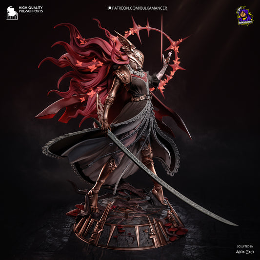 Malenia 1:8 scale figure standing in poised battle stance with helmet, flowing sculpted hair, layered armored skirts, raised arm forming halo of thorns, long curved blade resting downward, and detailed engraved base. Elden Ring collectible statue.