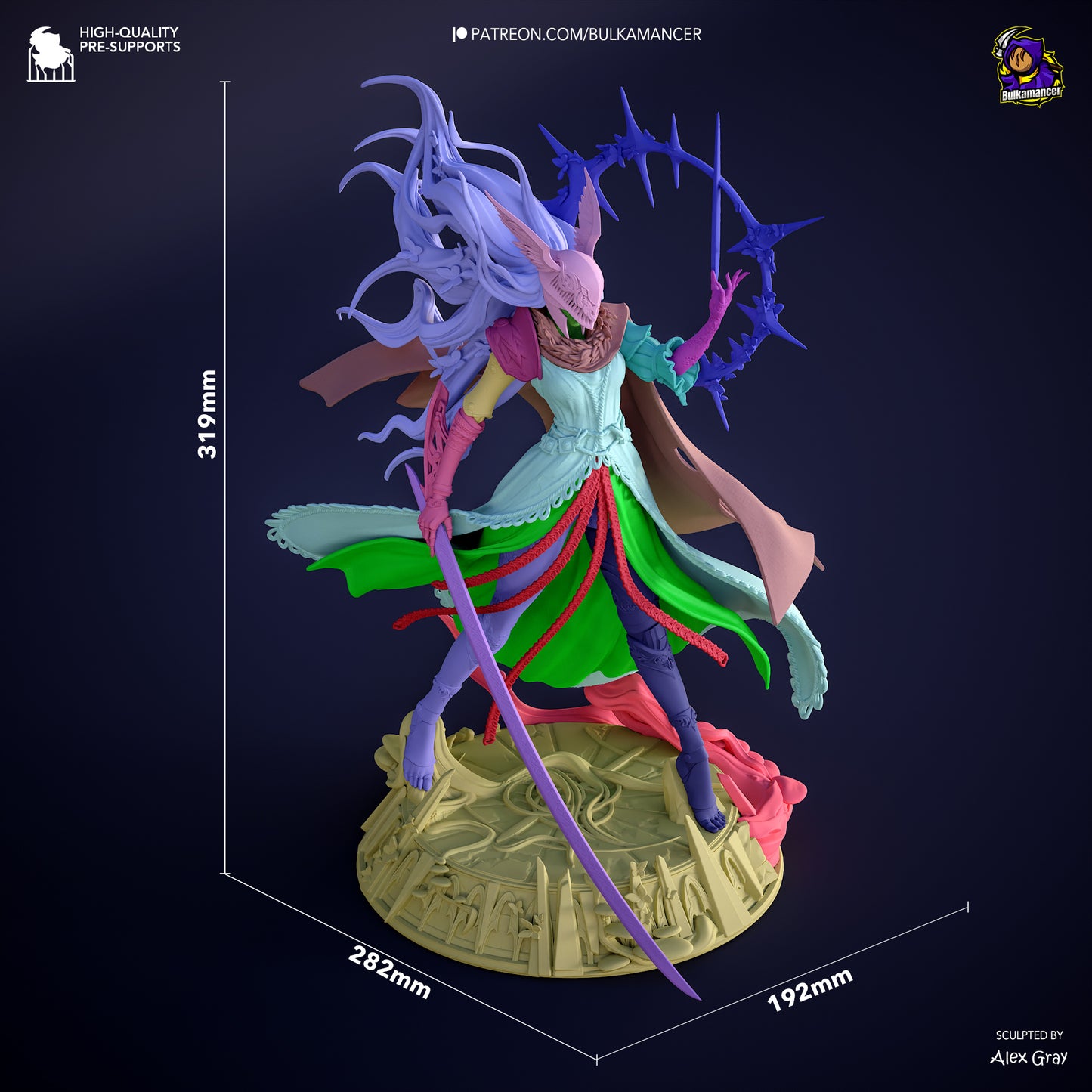 Dimension reference for Malenia Elden Ring 1:8 scale figure showing full statue with measurements, featuring poised standing pose, armor, flowing sculpted hair, downward blade, halo effect, and engraved base.