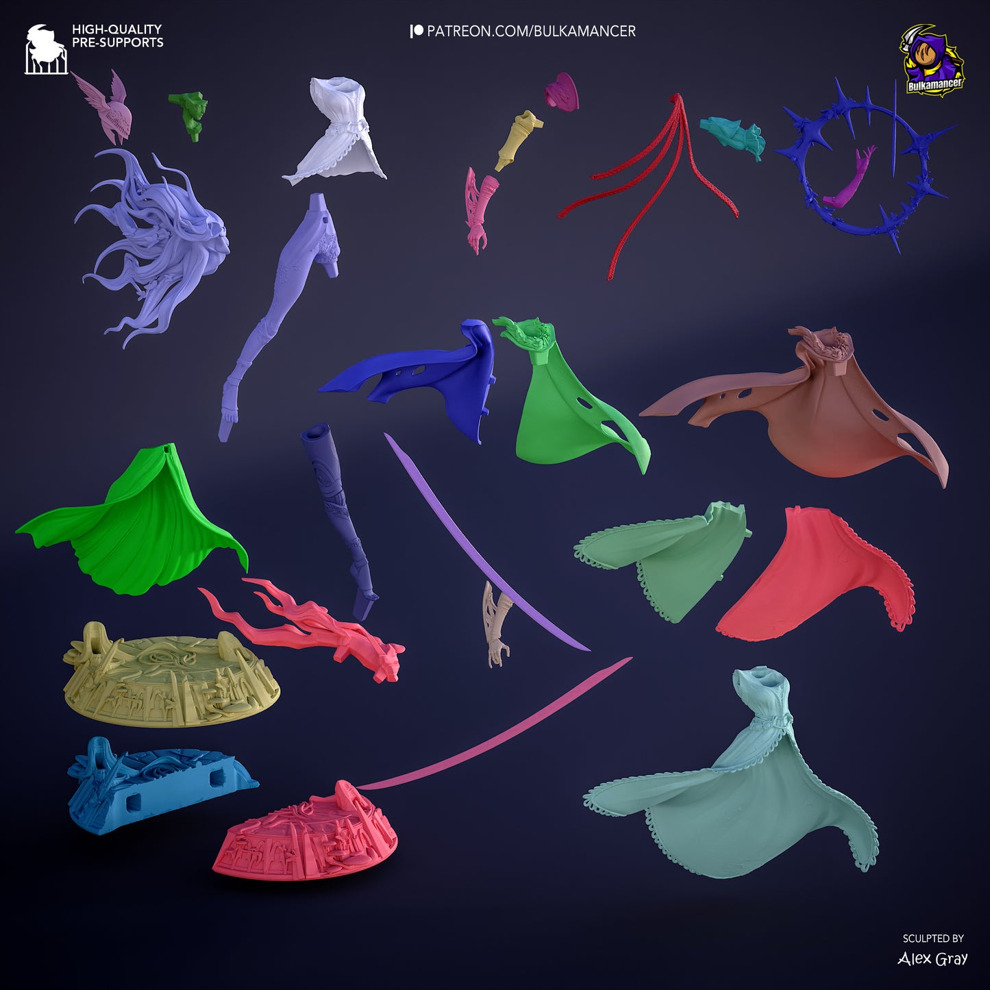Exploded view of Malenia Elden Ring 1:8 scale figure showing individual parts including hair, torso armor, skirt sections, halo effect, sword pieces, and base components for assembly reference.