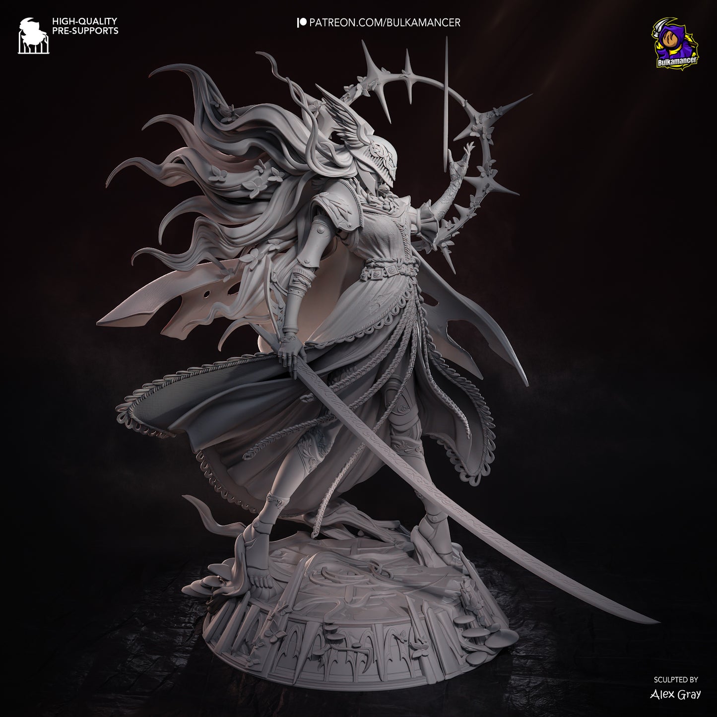 Unpainted render of Malenia 1:8 scale figure standing in composed, upright pose with raised halo hand, flowing sculpted hair, layered armor and skirts, long curved blade lowered, and engraved circular base. Elden Ring collectible statue.