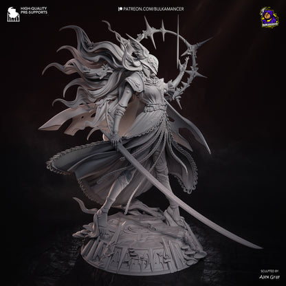 Unpainted render of Malenia 1:8 scale figure standing in composed, upright pose with raised halo hand, flowing sculpted hair, layered armor and skirts, long curved blade lowered, and engraved circular base. Elden Ring collectible statue.