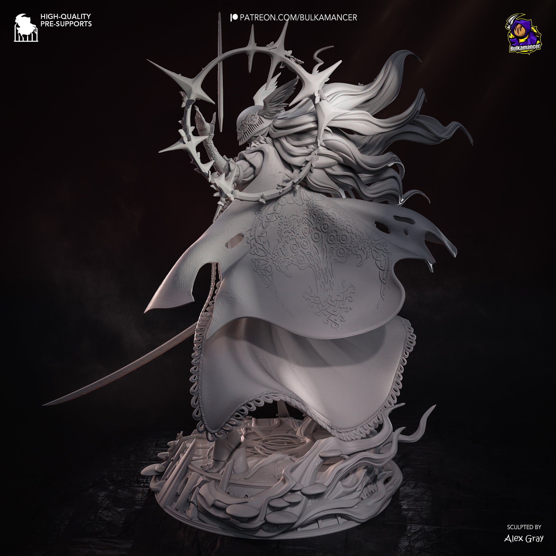 Back view unpainted render of Malenia Elden Ring 1:8 scale figure in upright stance with engraved cape, flowing hair, halo effect ring, long blade, and ornate base.