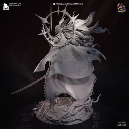 Back view unpainted render of Malenia Elden Ring 1:8 scale figure in upright stance with engraved cape, flowing hair, halo effect ring, long blade, and ornate base.