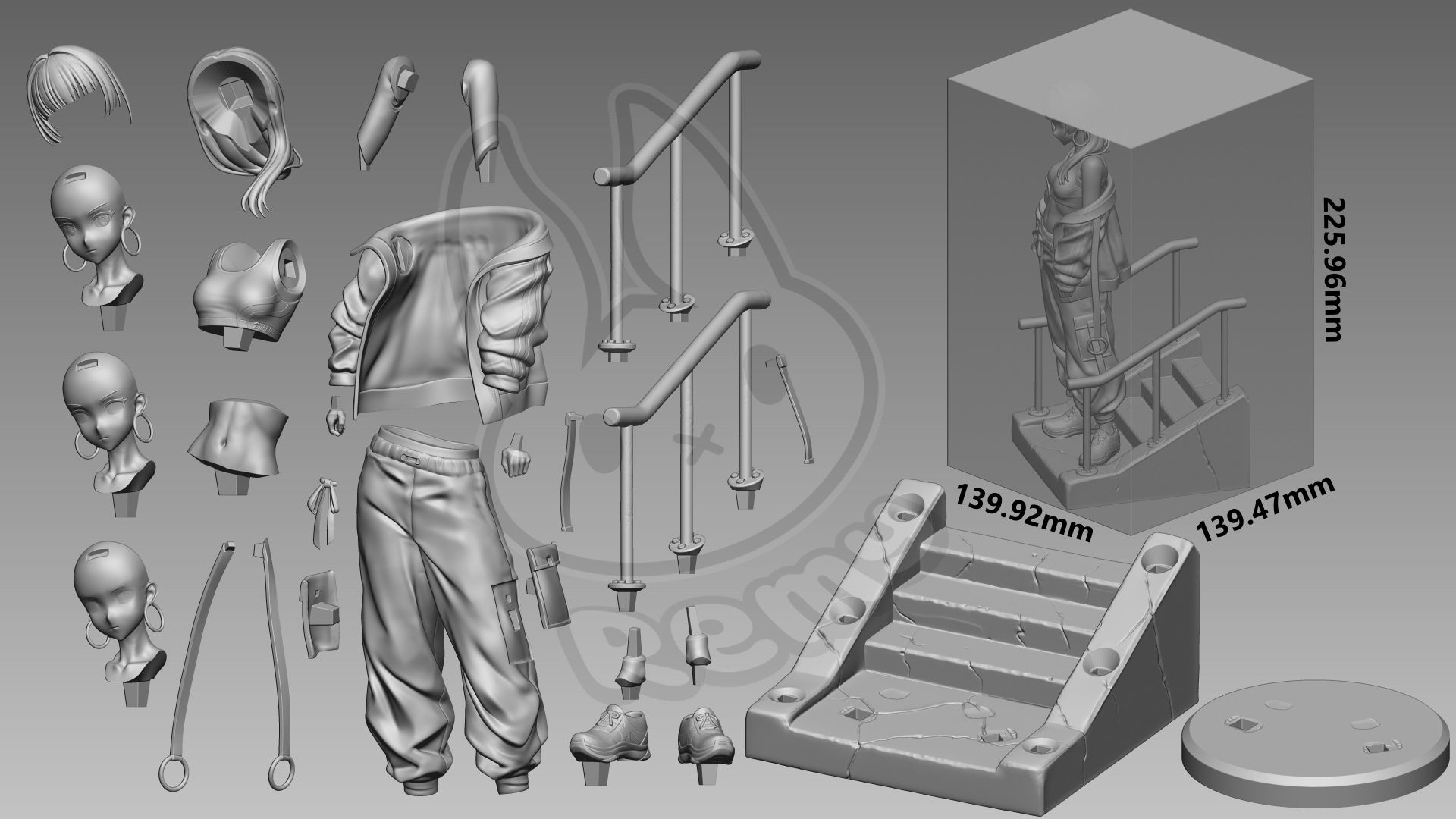 Maomao The Apothecary Diaries 1:7 scale resin statue exploded parts render with alternate face plates hair pieces jacket stair base and separated model kit components