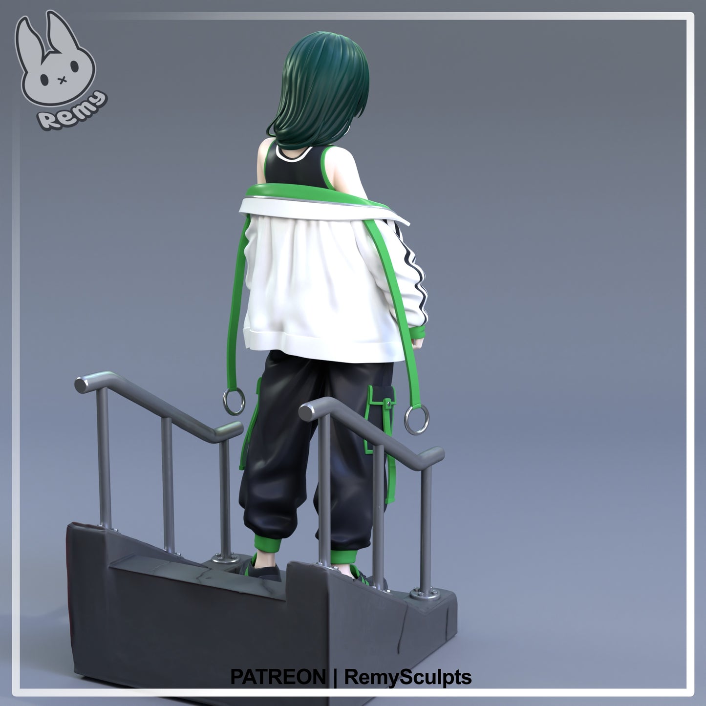 Maomao The Apothecary Diaries 1:7 scale resin statue painted back render showing loose jacket long dark green hair and urban stairway base details