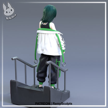 Maomao The Apothecary Diaries 1:7 scale resin statue painted back render showing loose jacket long dark green hair and urban stairway base details