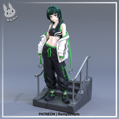 Maomao The Apothecary Diaries 1:7 scale resin statue painted front render with streetwear outfit cropped top oversized jacket joggers and stair base