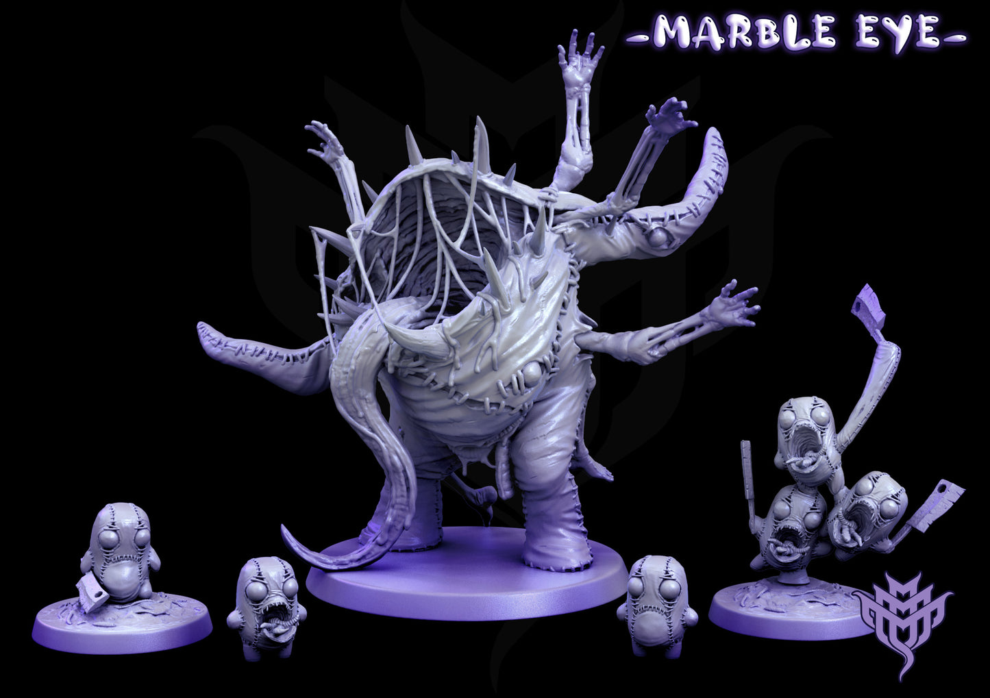 Group shot of Marble Eye Abomination and smaller stitched-eye flesh golems, showing a range of sizes and twisted designs.