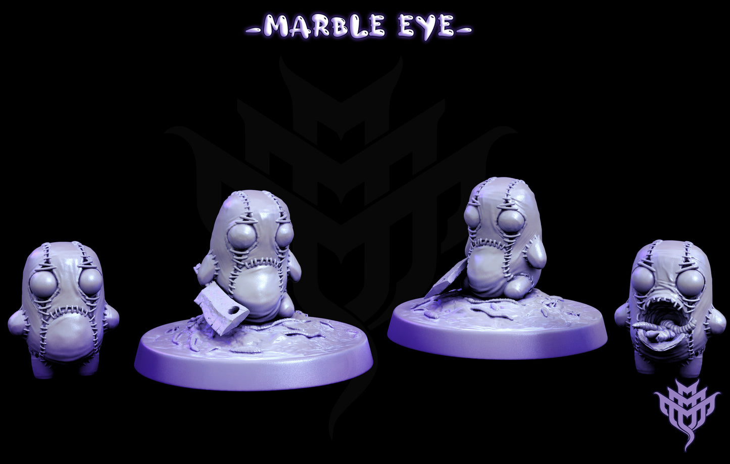 Set of small Marble Eye flesh golem figurines with stitched eyes and eerie expressions, shown on a round base.