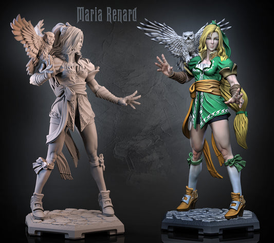 Maria Renard human sorceress Castlevania inspired resin tabletop miniature painted and clay render comparison featuring owl companion magical casting pose gothic fantasy clothing and supernatural RPG styling for Dungeons and Dragons campaigns