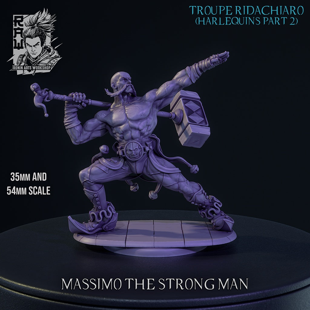 Massimo the Strongman gray render showing muscular jester fighter resin miniature with oversized hammer curled boots theatrical pose and dark fantasy circus aesthetic