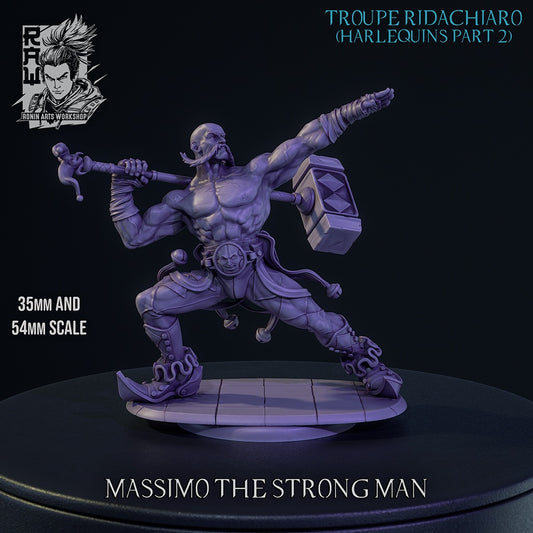 Massimo the Strongman gray render showing muscular jester fighter resin miniature with oversized hammer curled boots theatrical pose and dark fantasy circus aesthetic
