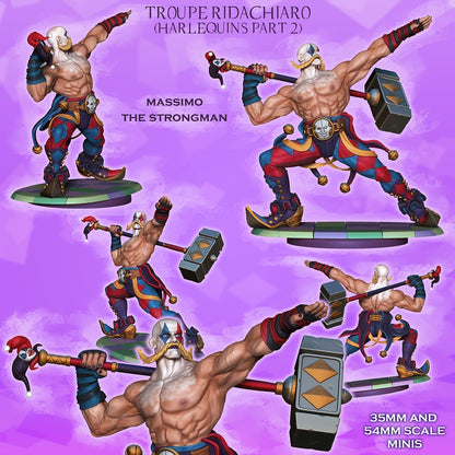 Massimo the Strongman painted collage render featuring muscular harlequin fighter miniature with giant warhammer circus attire dramatic pose and grimdark carnival styling