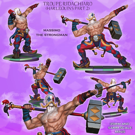 Massimo the Strongman painted collage render featuring muscular harlequin fighter miniature with giant warhammer circus attire dramatic pose and grimdark carnival styling