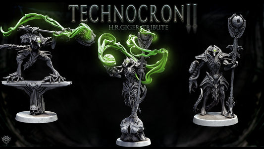 Necromech Mastermind posed with a large mechanical weapon, ready for battle. The figure stands on a circular base with biomechanical detailing on its armor and weapon.