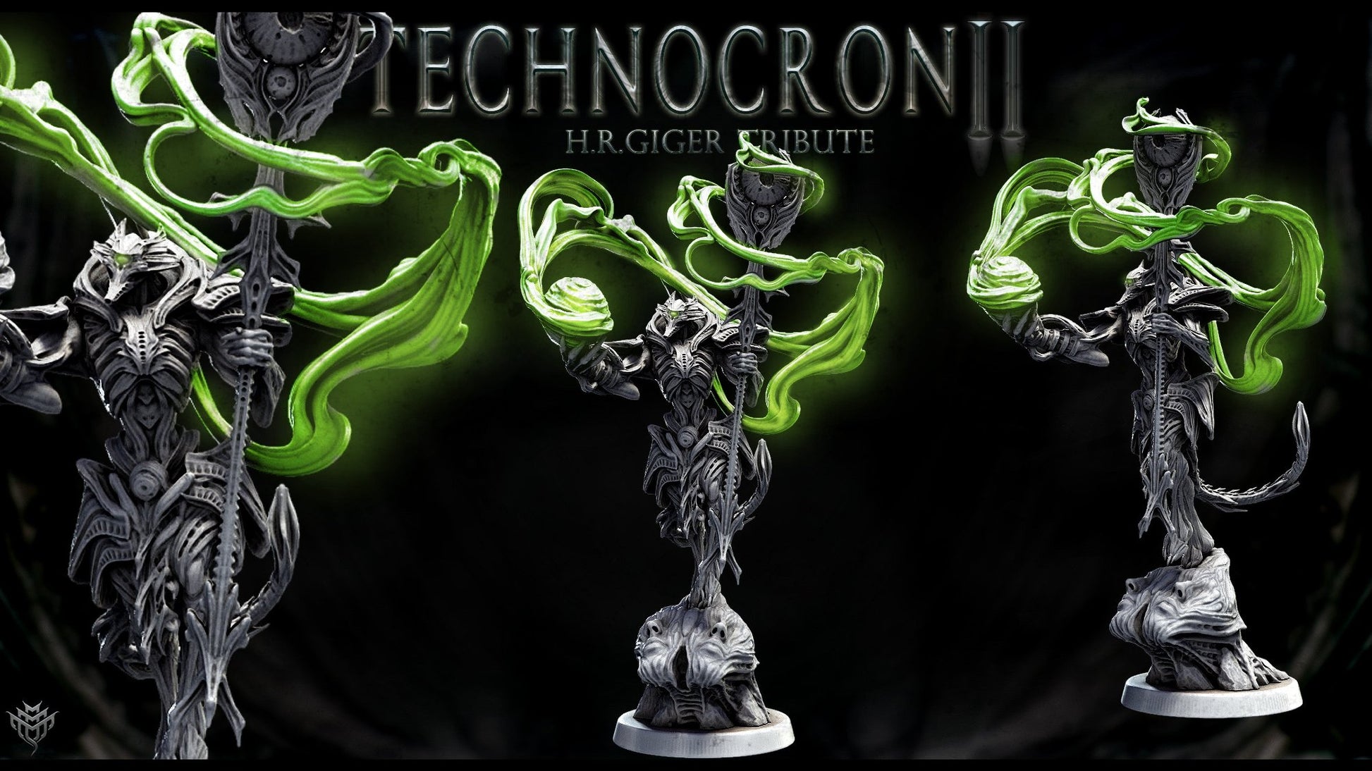 A Necromech Mastermind standing atop a futuristic platform with a large staff, in mid-casting. The figure showcases biomechanical features with a fluid, dynamic design.