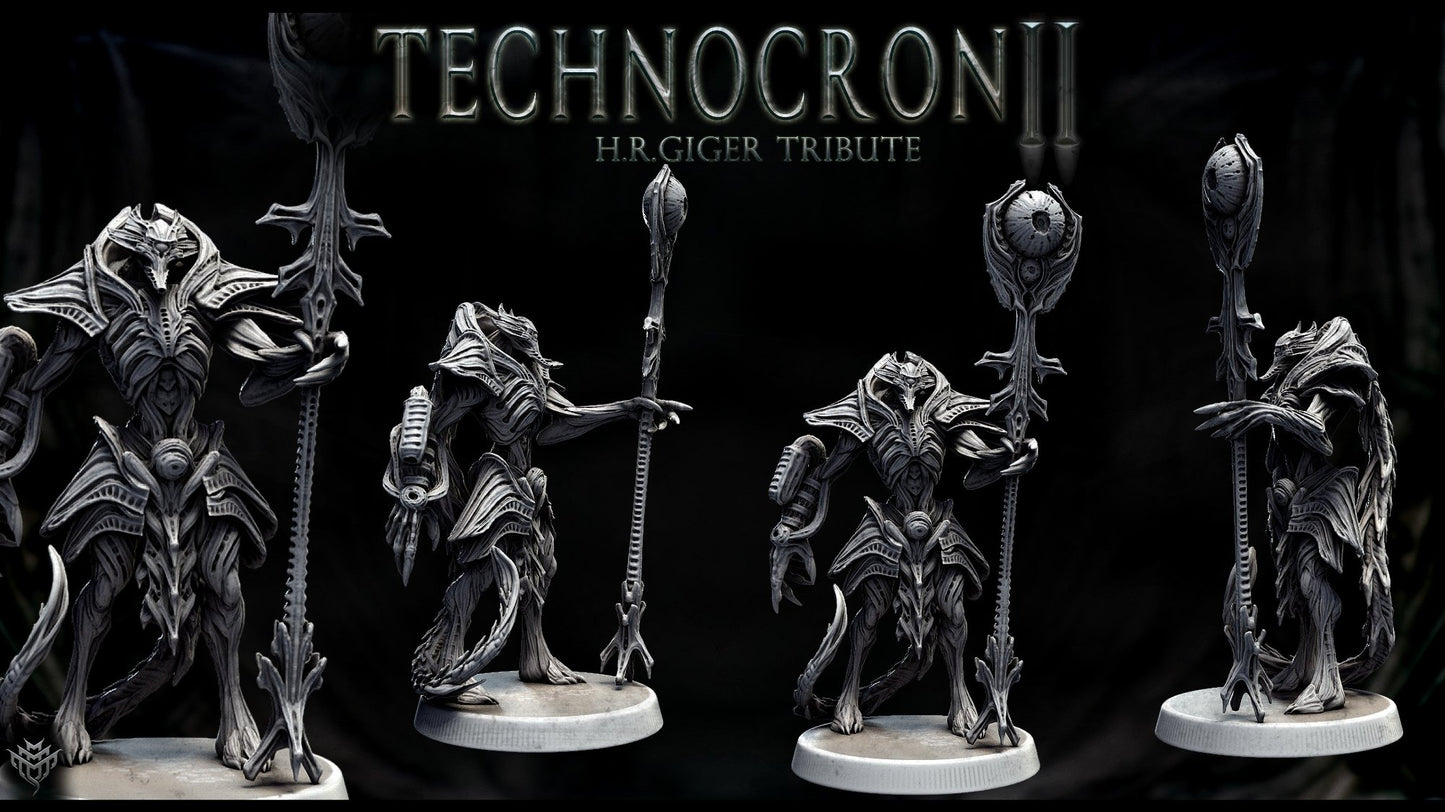 A Necromech Mastermind, standing with a towering staff, in a sci-fi-themed pose. The figure is shown from three different angles, emphasizing its intricate design and mechanical elements.