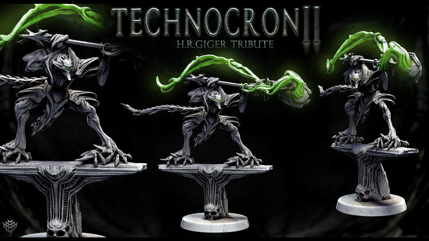 The Necromech Mastermind wielding a large staff, casting energy from its weapon, with green energy effects surrounding the figure. It stands tall on an intricately designed platform.