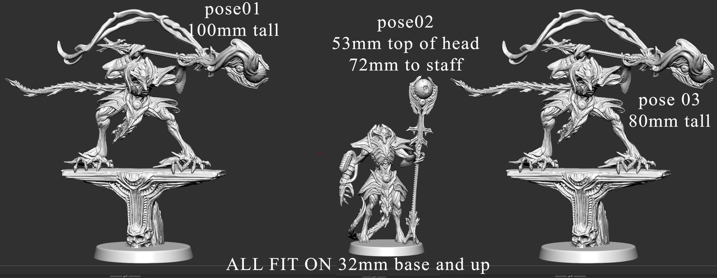 Multiple Necromech Mastermind poses shown side by side, with height measurements listed. Each figure holds a massive weapon and features a unique, organic, alien-like armor design.