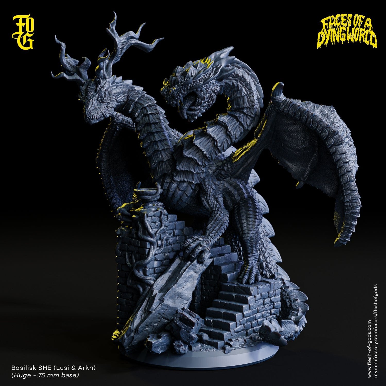 Two-headed dragon miniature standing atop crumbled ruins, great for fantasy RPGs like Dungeons & Dragons or Pathfinder.