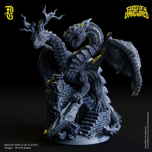 Two-headed dragon miniature standing atop crumbled ruins, great for fantasy RPGs like Dungeons & Dragons or Pathfinder.