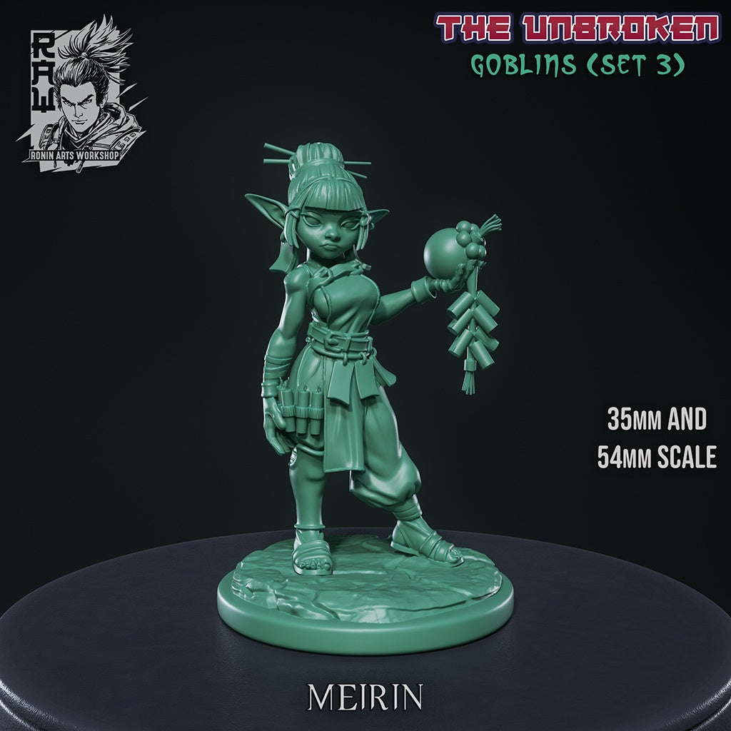 Meirin the Artificer gray resin render featuring goblin artificer miniature with alchemy tools explosive charms and fantasy RPG styling