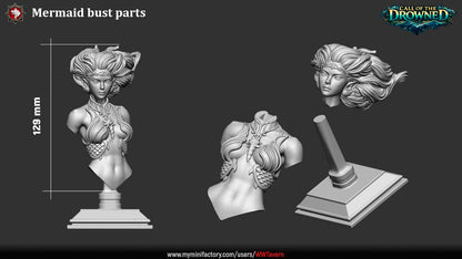 Mermaid display bust parts breakdown featuring flowing hair, aquatic armor details, and decorative display stand