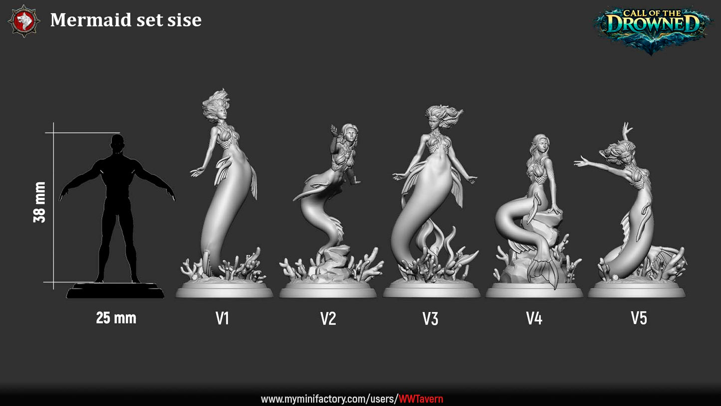 Size comparison chart showing five mermaid miniatures scaled for 32mm tabletop gaming