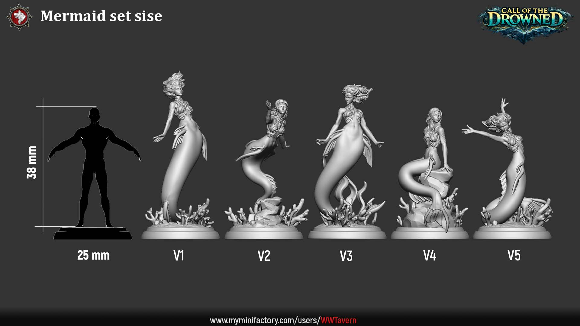 Size comparison chart showing five mermaid miniatures scaled for 32mm tabletop gaming