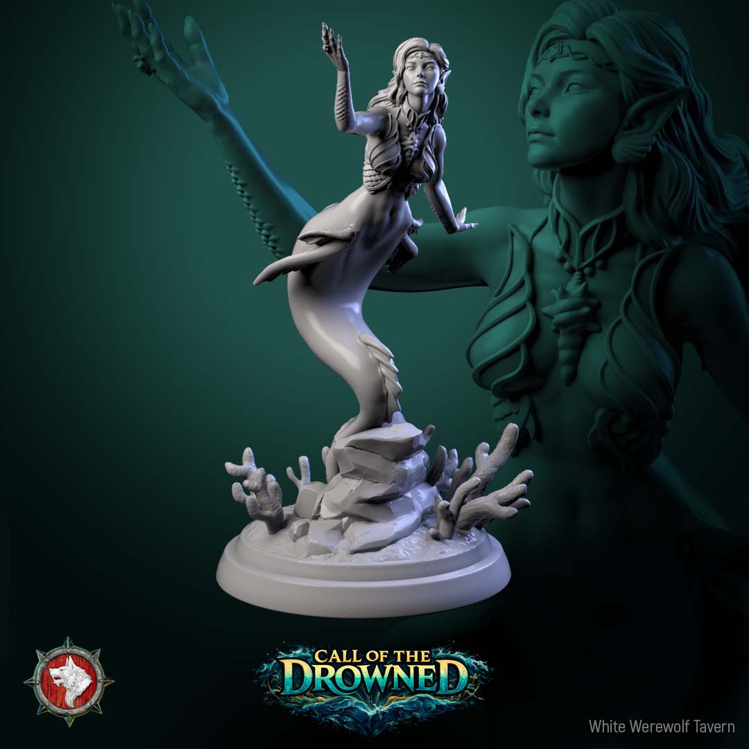 Mermaid V2 resin miniature emerging from rocky seabed terrain with elegant aquatic details