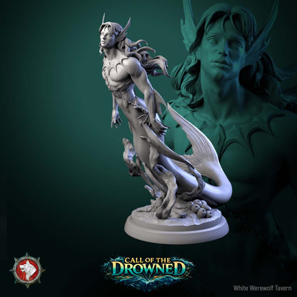 Merman V2 resin miniature from Call of the Drowned posed among coral and underwater ruins