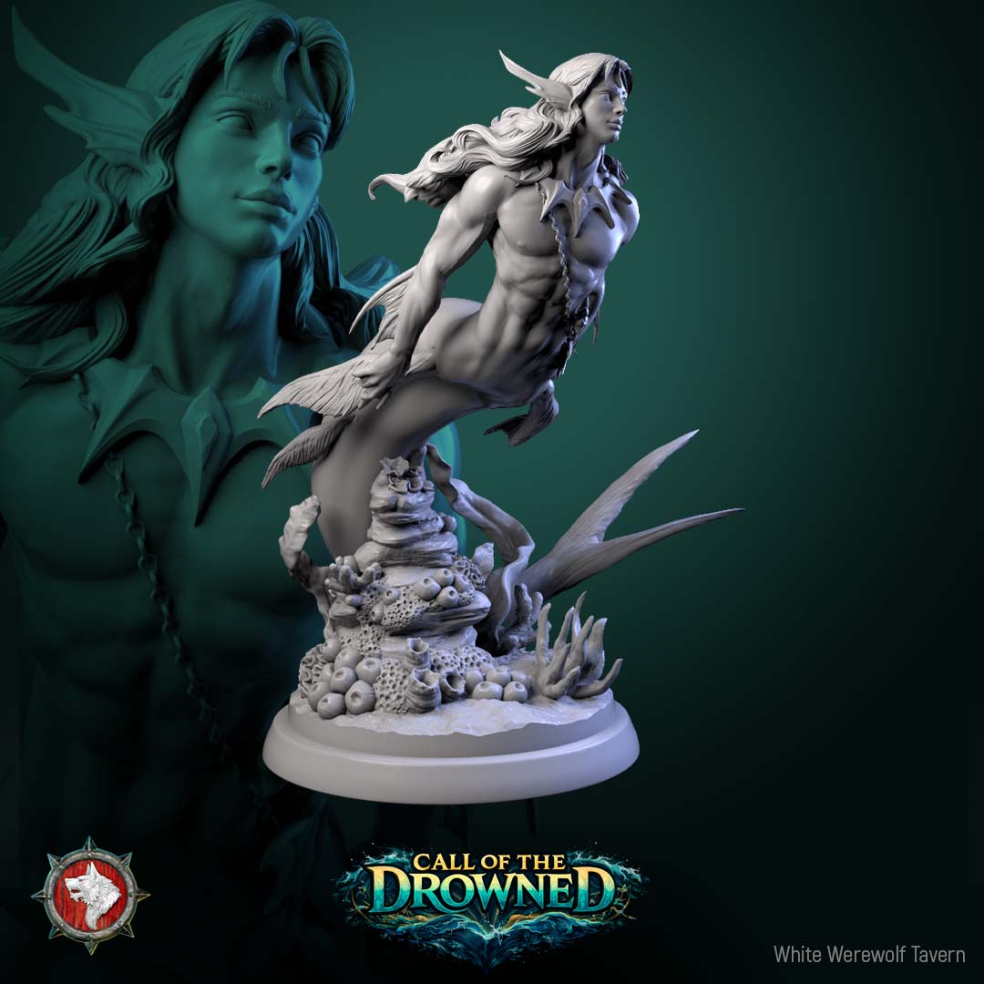 Merman V4 resin miniature from Call of the Drowned emerging from a coral reef base
