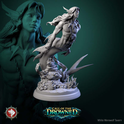 Merman V4 resin miniature from Call of the Drowned emerging from a coral reef base