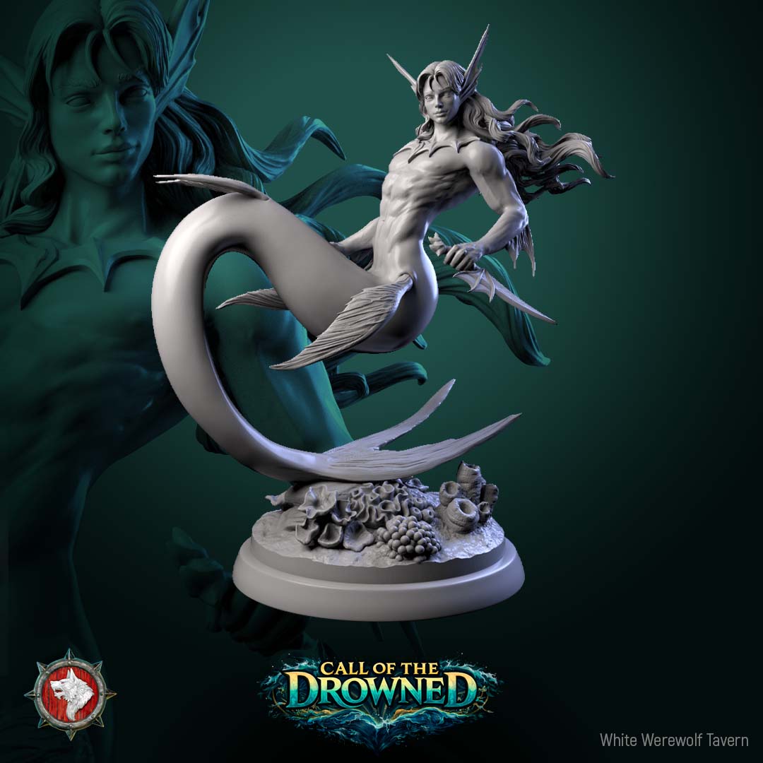 Merman V5 resin miniature from Call of the Drowned featuring a coiled aquatic pose