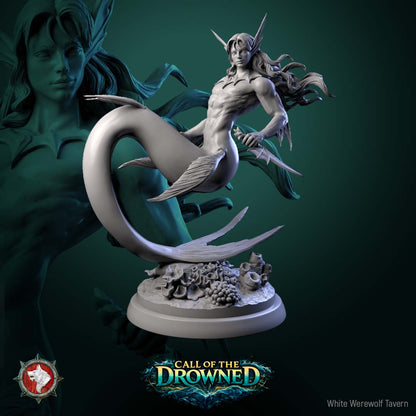 Merman V5 resin miniature from Call of the Drowned featuring a coiled aquatic pose