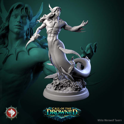 Merman V6 resin miniature from Call of the Drowned wielding curved aquatic blades