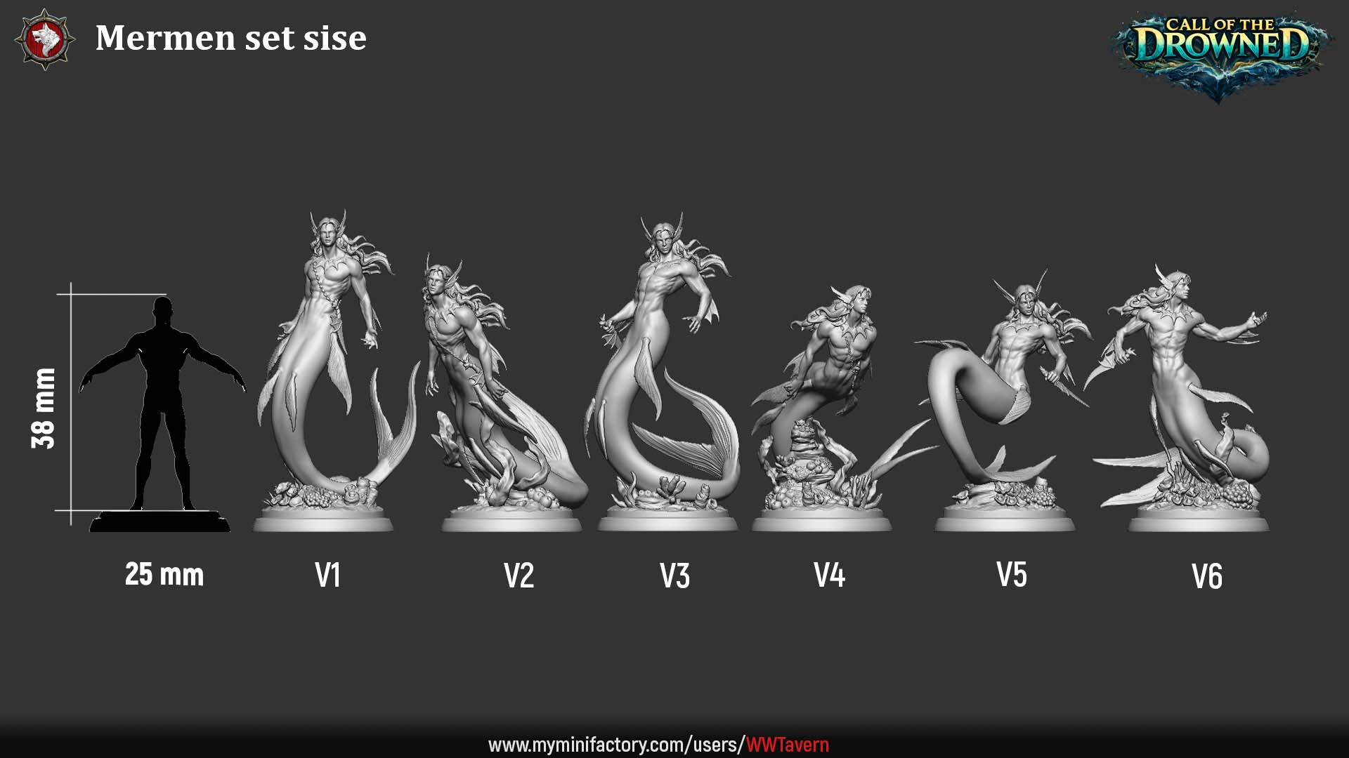 Size comparison chart showing all six Mermen miniatures from Call of the Drowned at 32mm scale