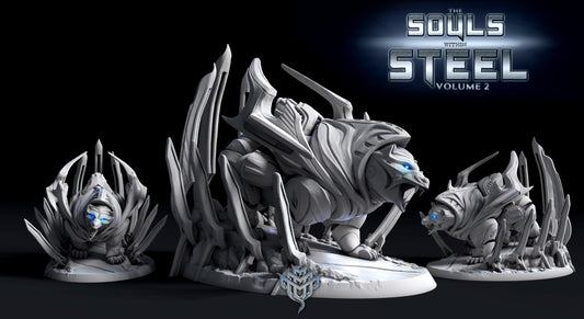 Three views of Metal Ursus Pose 2 with glowing blue eyes, armored legs, and reinforced plating. Positioned low to the ground and surrounded by jagged base spires.