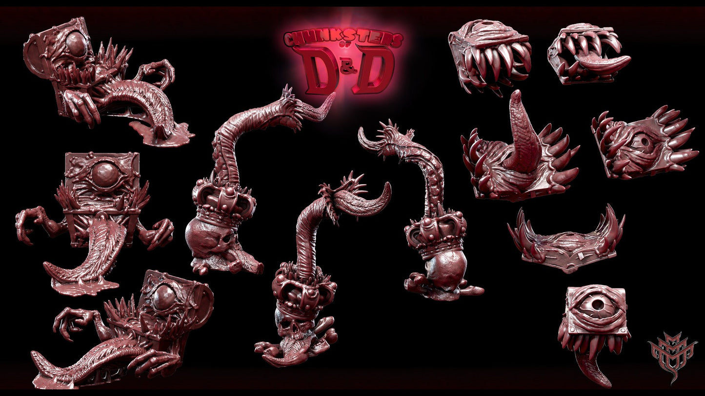 Variety of mimic miniatures such as mimic books and mimic crowns, showcasing their distinctive features like eyes and tentacle tongues.