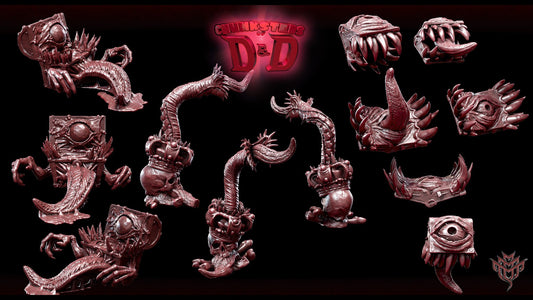 Variety of mimic miniatures such as mimic books and mimic crowns, showcasing their distinctive features like eyes and tentacle tongues.