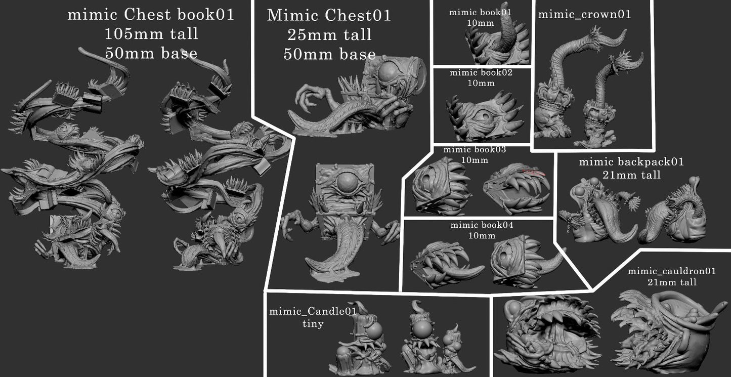 Layout showing different mimic miniatures with scale information, including mimic chests, crowns, books, and a cauldron, designed for tabletop RPG encounters.