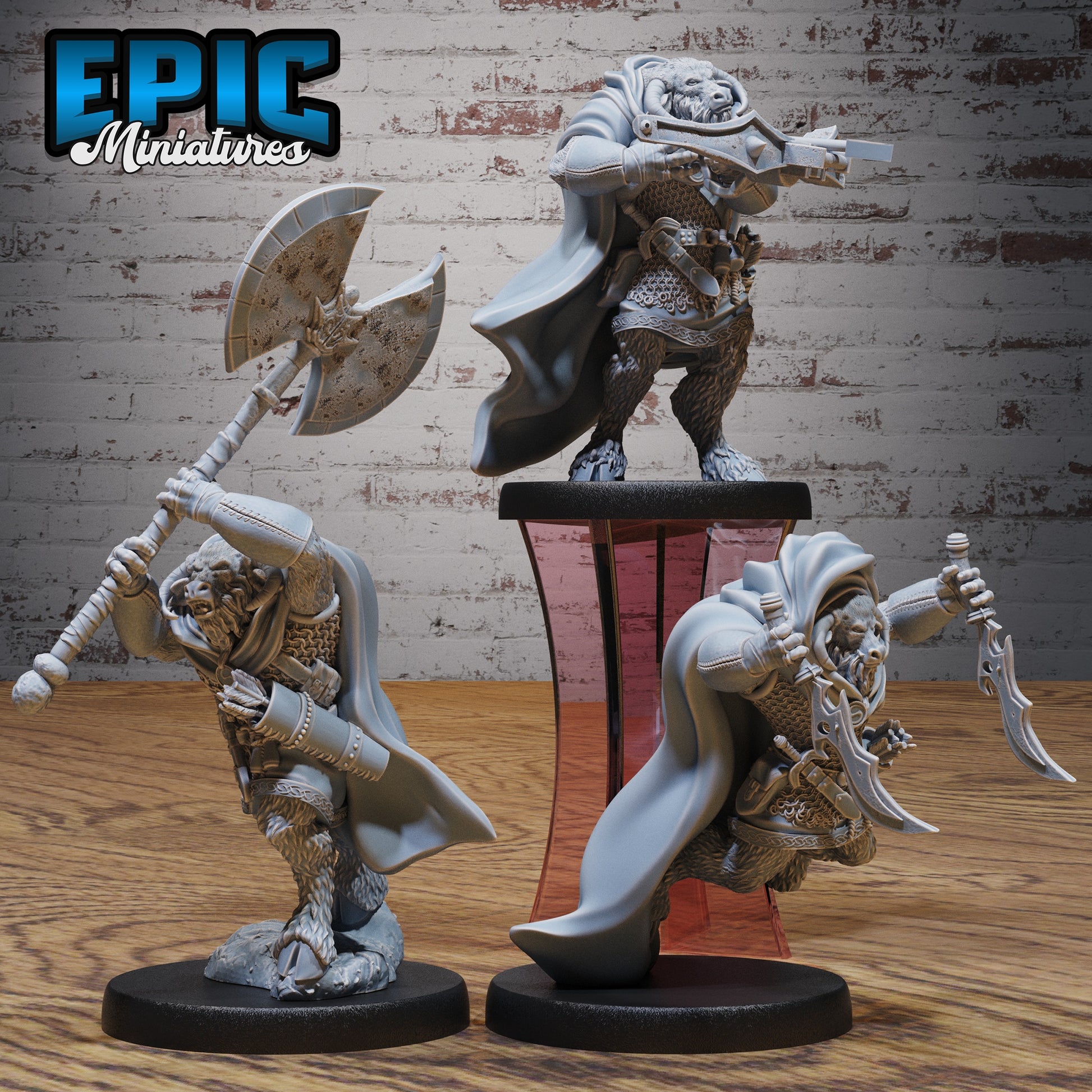 minotaur resin miniature dungeons and dragons monster with crossbow dual blades and greataxe in multiple battle poses fantasy tabletop creature