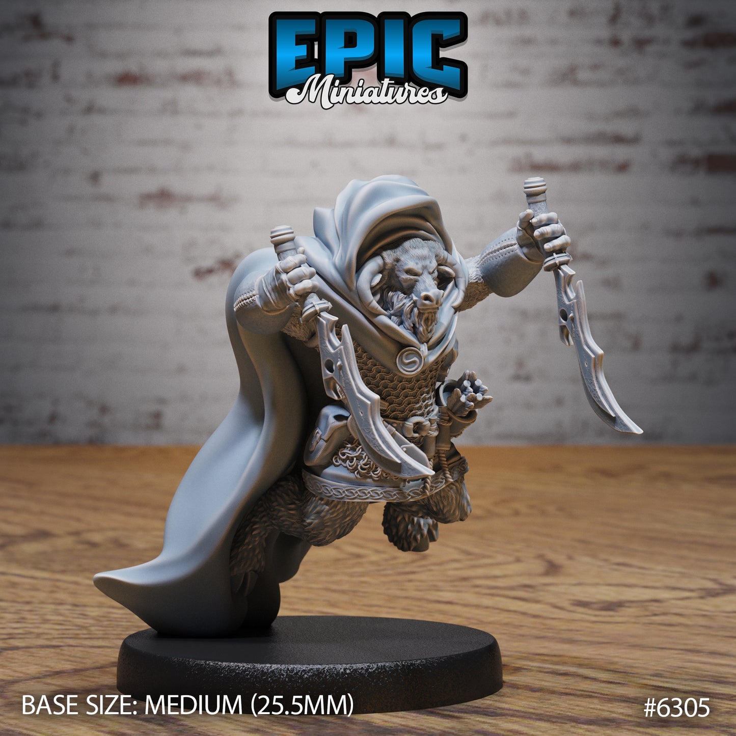 minotaur resin miniature dungeons and dragons monster leaping forward with dual curved blades cloaked beastman warrior