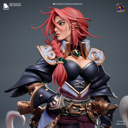 miss fortune league of legends 1:8 scale collectible figure close up painted with red hair pirate armor and braided hairstyle