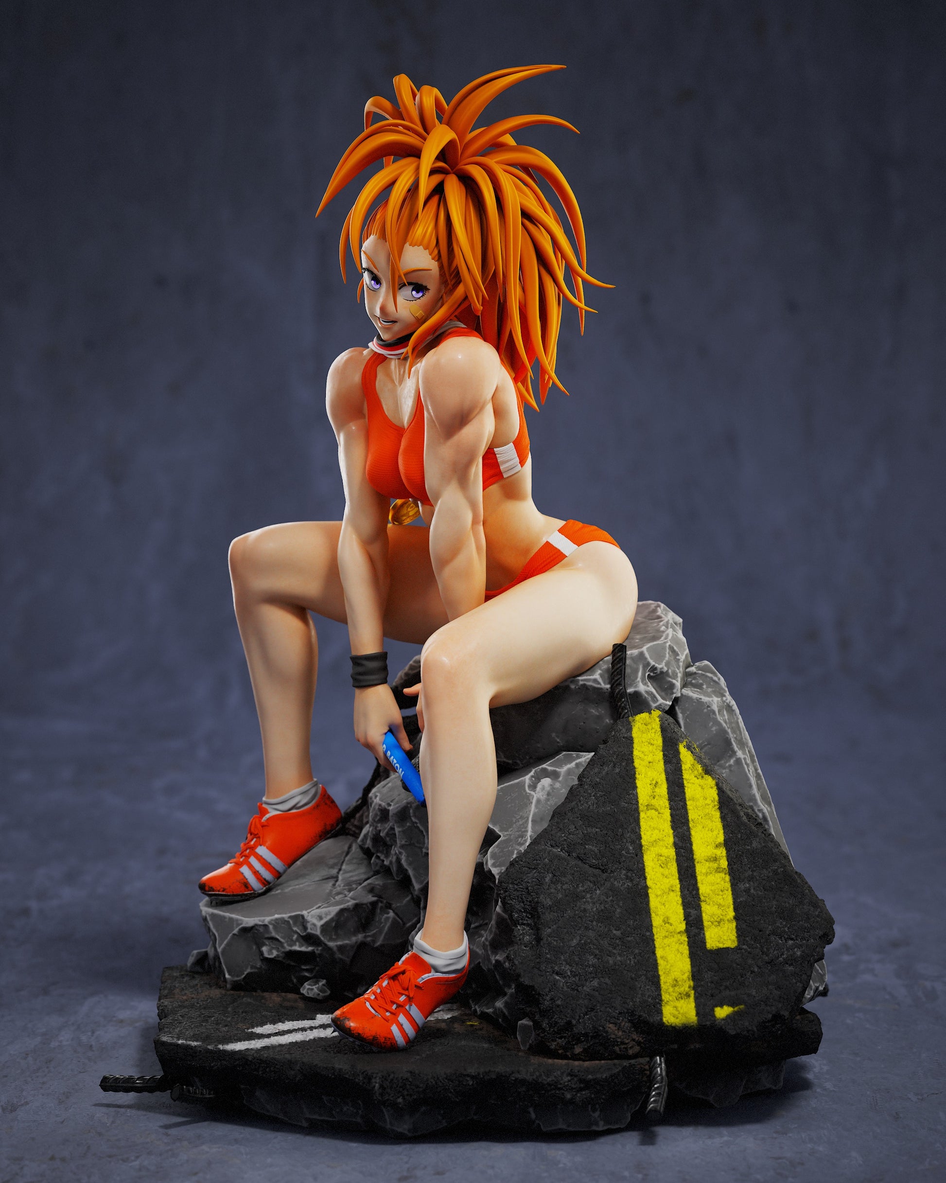 Captain Mizuki 1:8 scale figure sitting on broken concrete, wearing an athletic outfit and sneakers, holding a baton with confident expression.