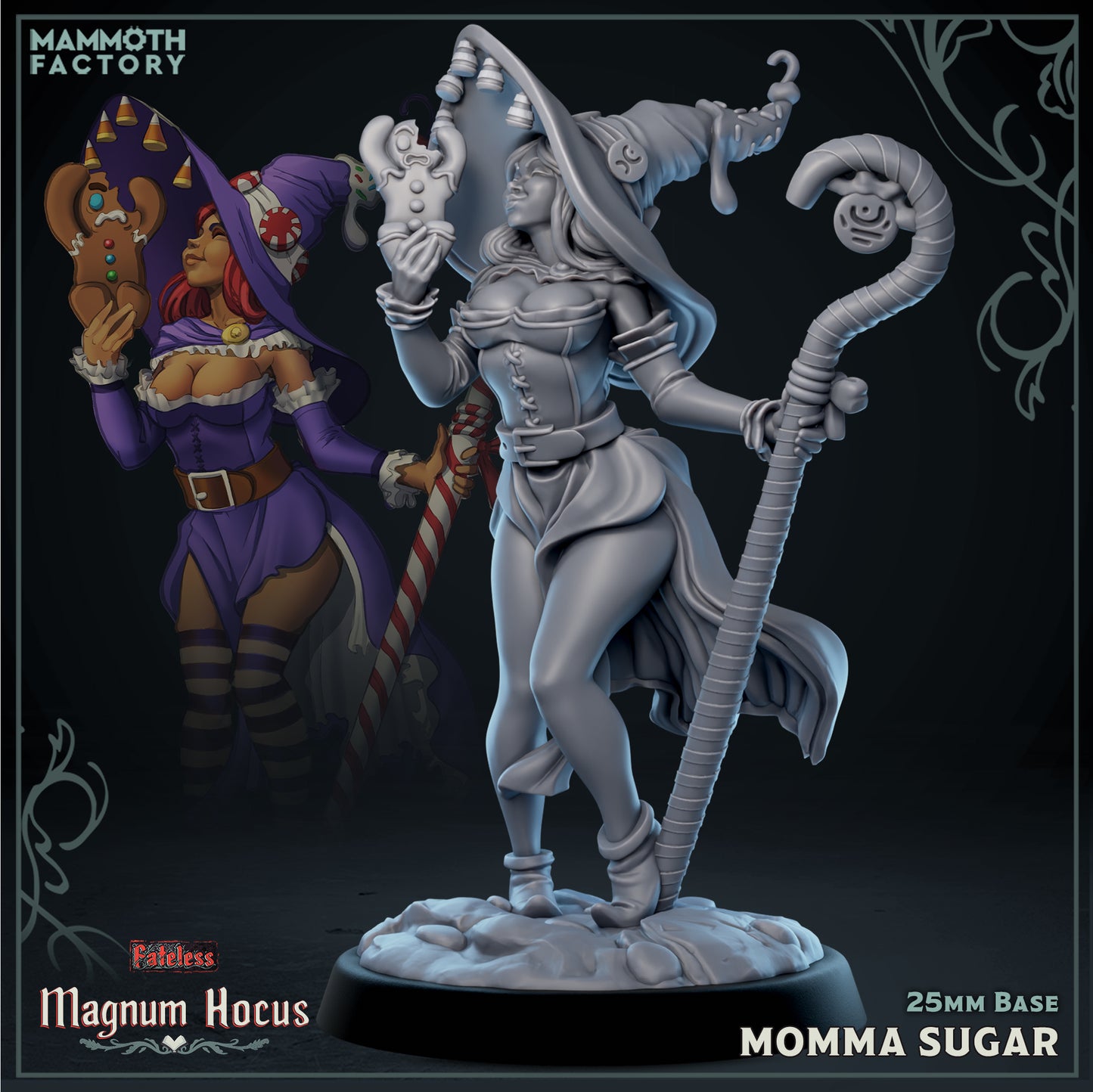 Momma Shugga candy witch resin miniature with gingerbread cookie and candy cane staff from Magnum Hocus