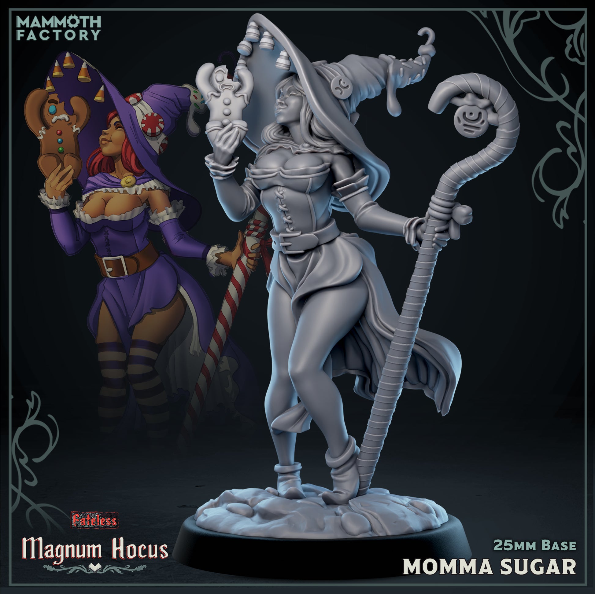 Momma Shugga candy witch resin miniature with gingerbread cookie and candy cane staff from Magnum Hocus